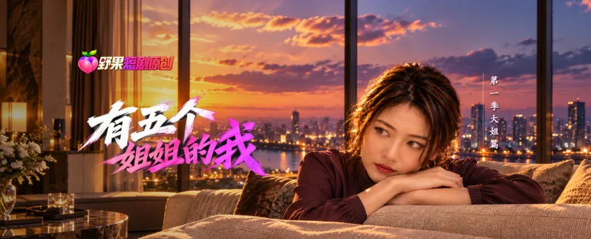 都市情感短剧海报，女主角倚在窗边看城市日落